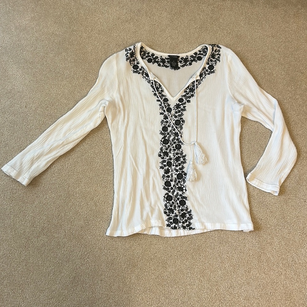 YASB white blouse with black embroidery on the front